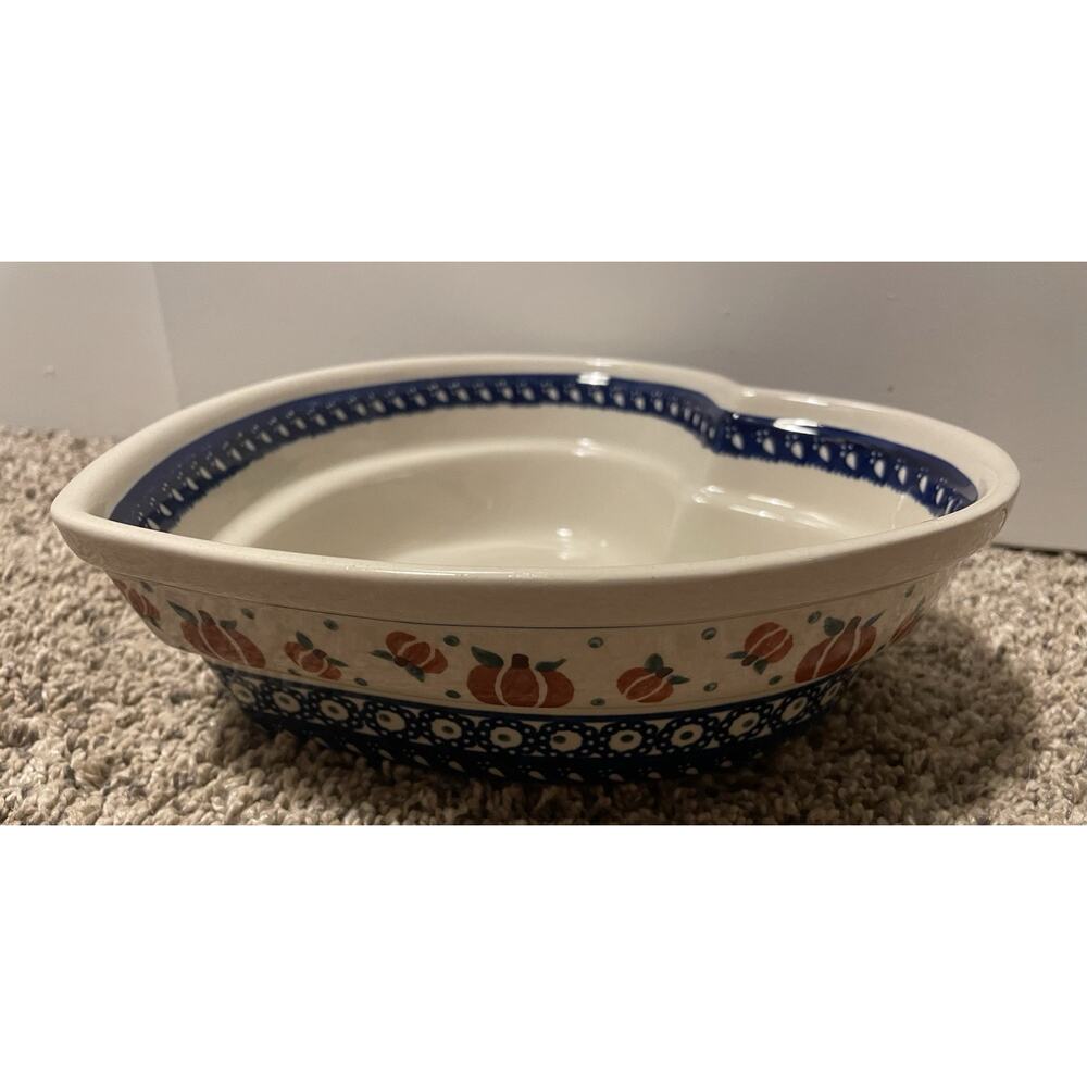 Boleslawiec Polish Pottery Pumpkin Heart Bowl 8.5” Hand-painted Fall Blue